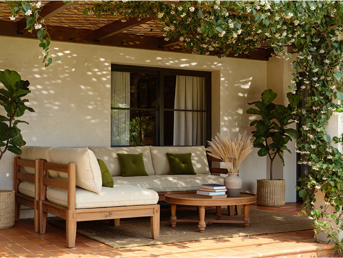 Veranda setup with greenery and wooden furniture